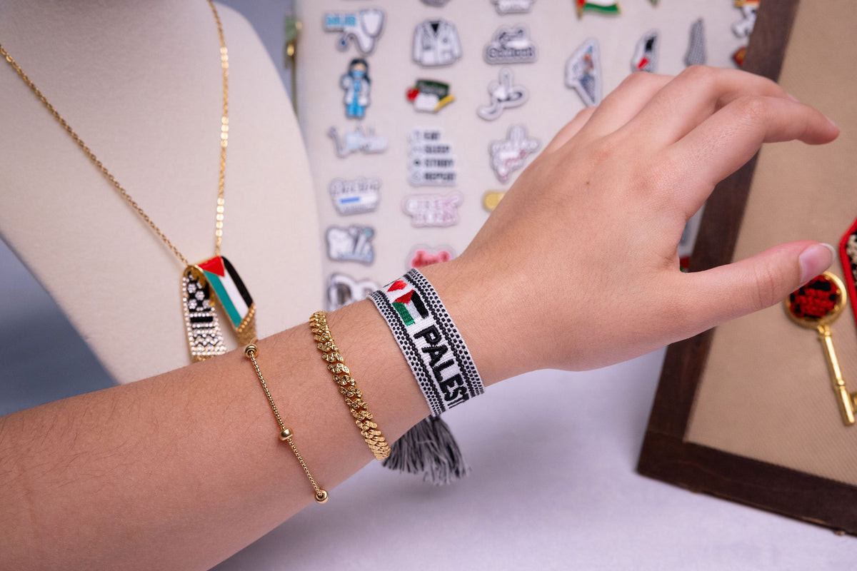 I Love Palestine Woven Bracelet — studio photograph
