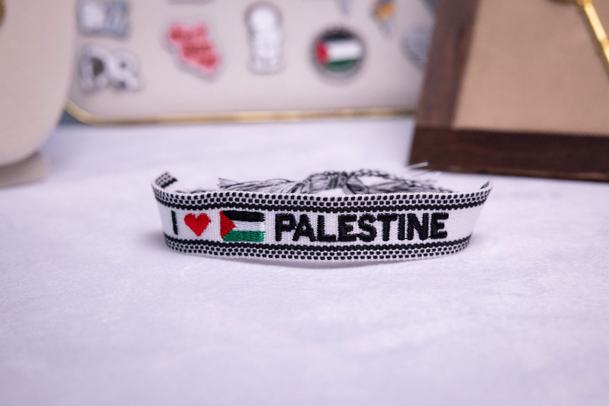 I Love Palestine Woven Bracelet — studio photograph