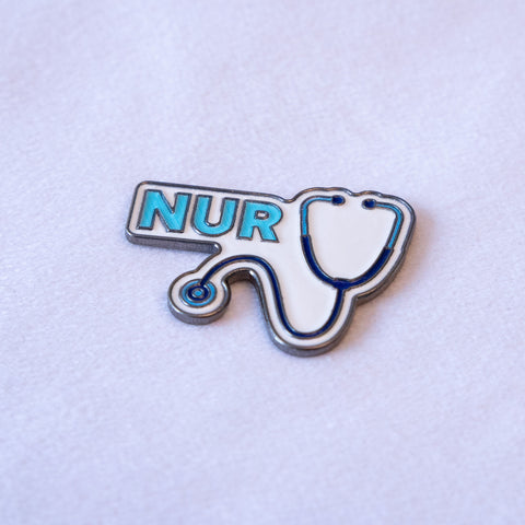 NUR in blue block letters on white, a navy stethoscope curling off the last letter down to the chestpiece.
