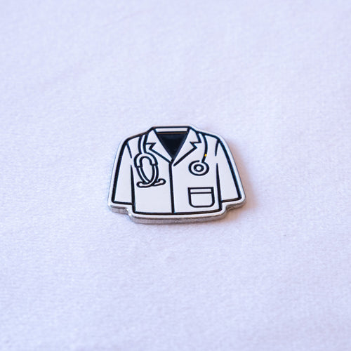 A white doctor coat drawn on its own, stethoscope over the shoulder and a pocket at the hip.