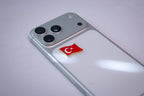 Turkey flag sticker (red field, white crescent and star), applied to a phone case near the camera bump