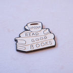 A stack of books beside a cup of coffee above the words READ GOOD BOOKS, as a metal sticker.