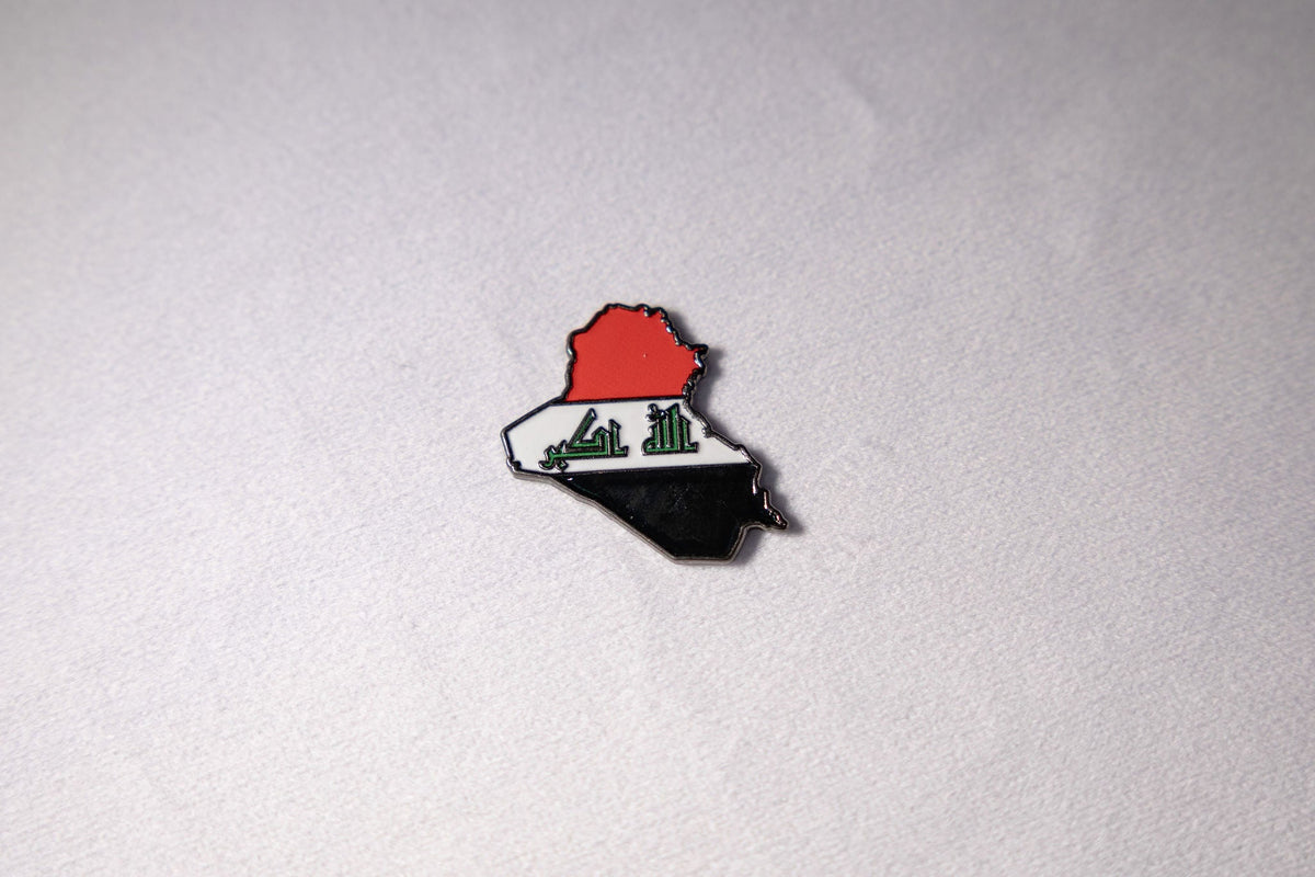 The outline of Iraq filled with the national flag, red, white and black, with الله أكبر in green Kufic across the white band, as a metal sticker.