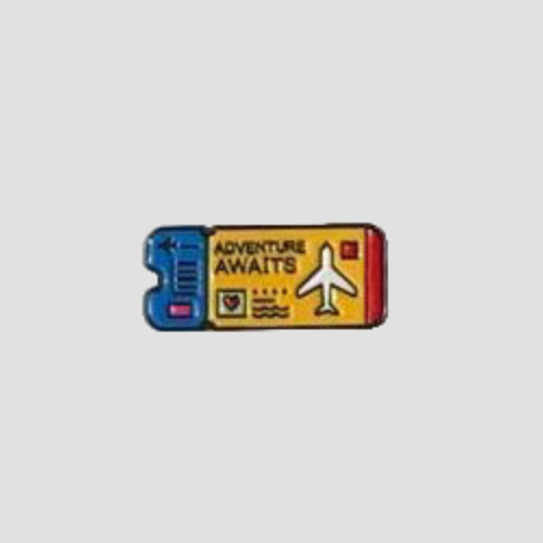 A yellow boarding-pass sticker reading ADVENTURE AWAITS, with a blue stub and a plane.