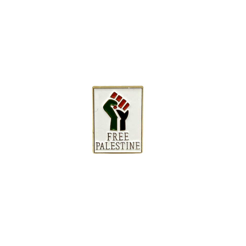 Rectangular hard-enamel pin with raised fist and Free Palestine text