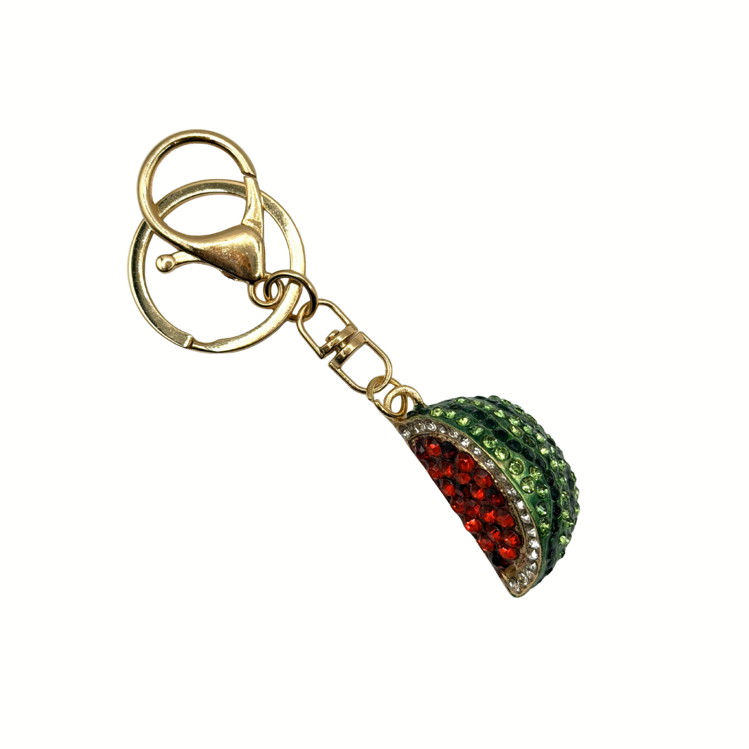 Sparkling crystal-accent watermelon slice charm on a metal keychain