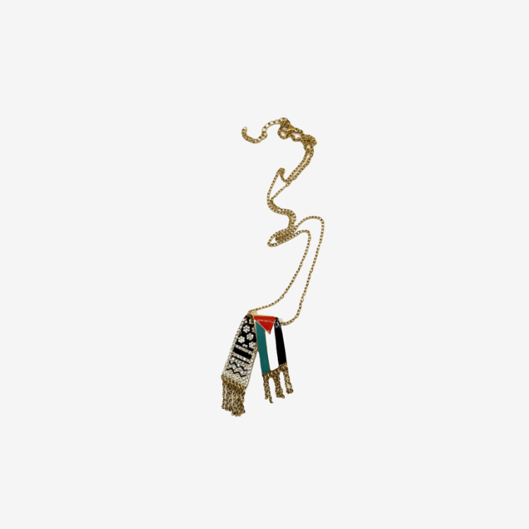 Pendant necklace with Palestinian flag and kufiya-pattern charm and tassel