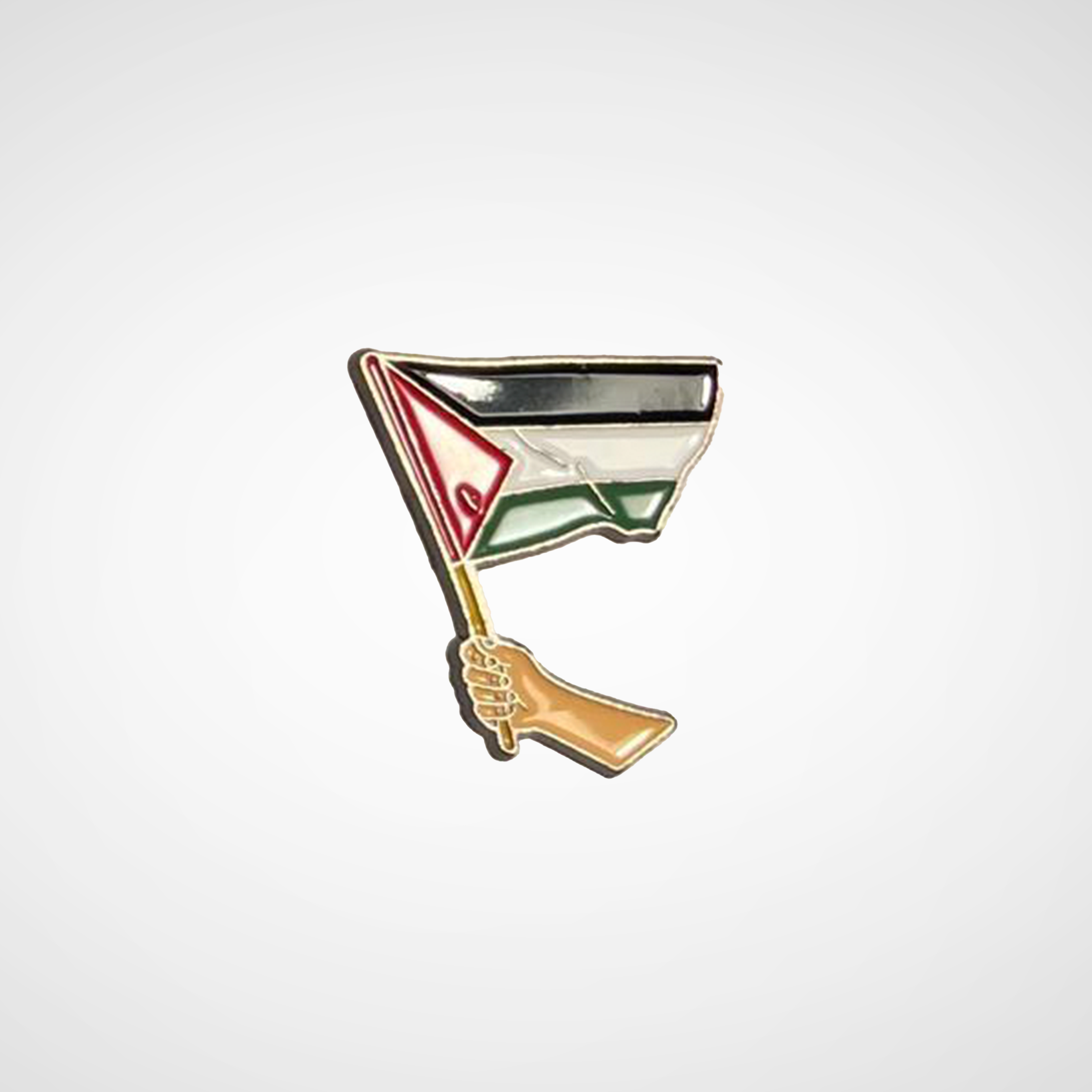 Palestine Pin with a design of a flag and hand on a white background