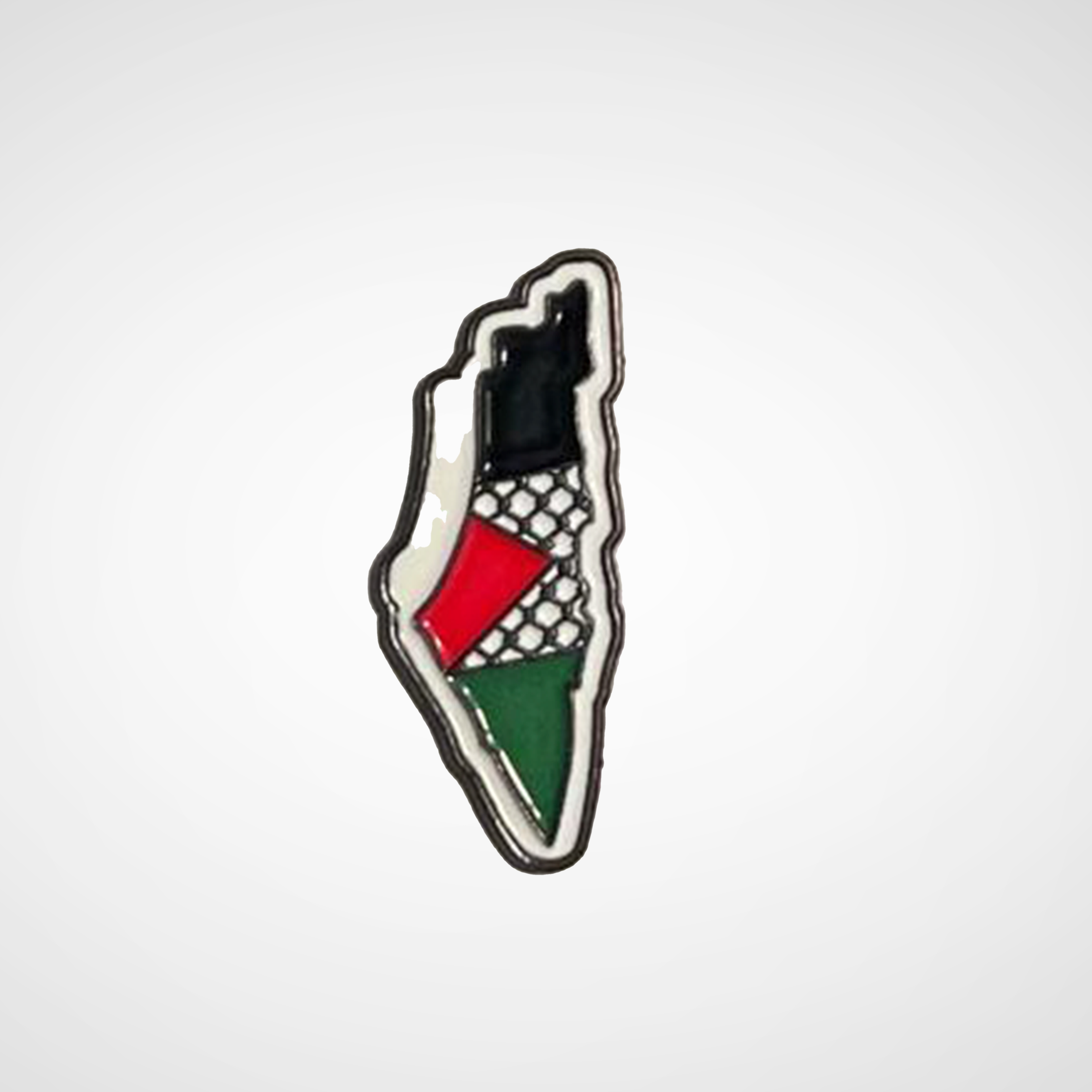 Pin with a design resembling the Palestinian flag on a white background